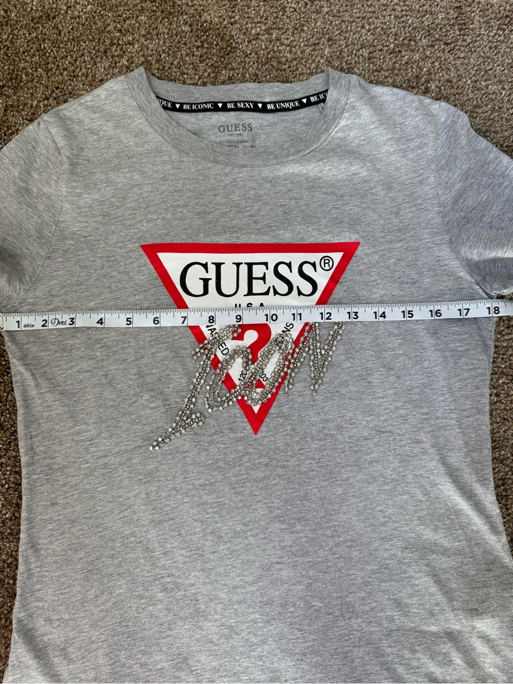 GUESS Gray Tee with Red Triangle Logo and Rhinestone Script - Picture 6 of 7